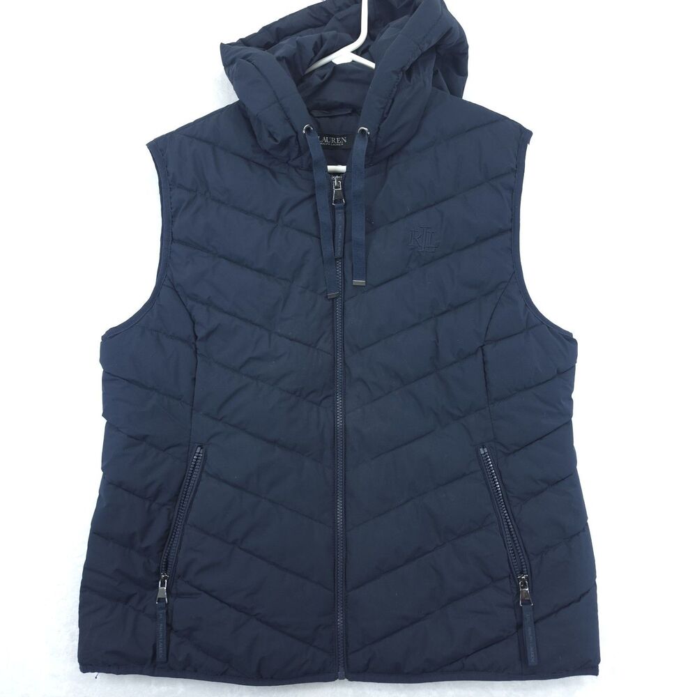 LRL Ralph Lauren Womens Navy Blue Hooded Puffer Vest Size XL Full Zip
